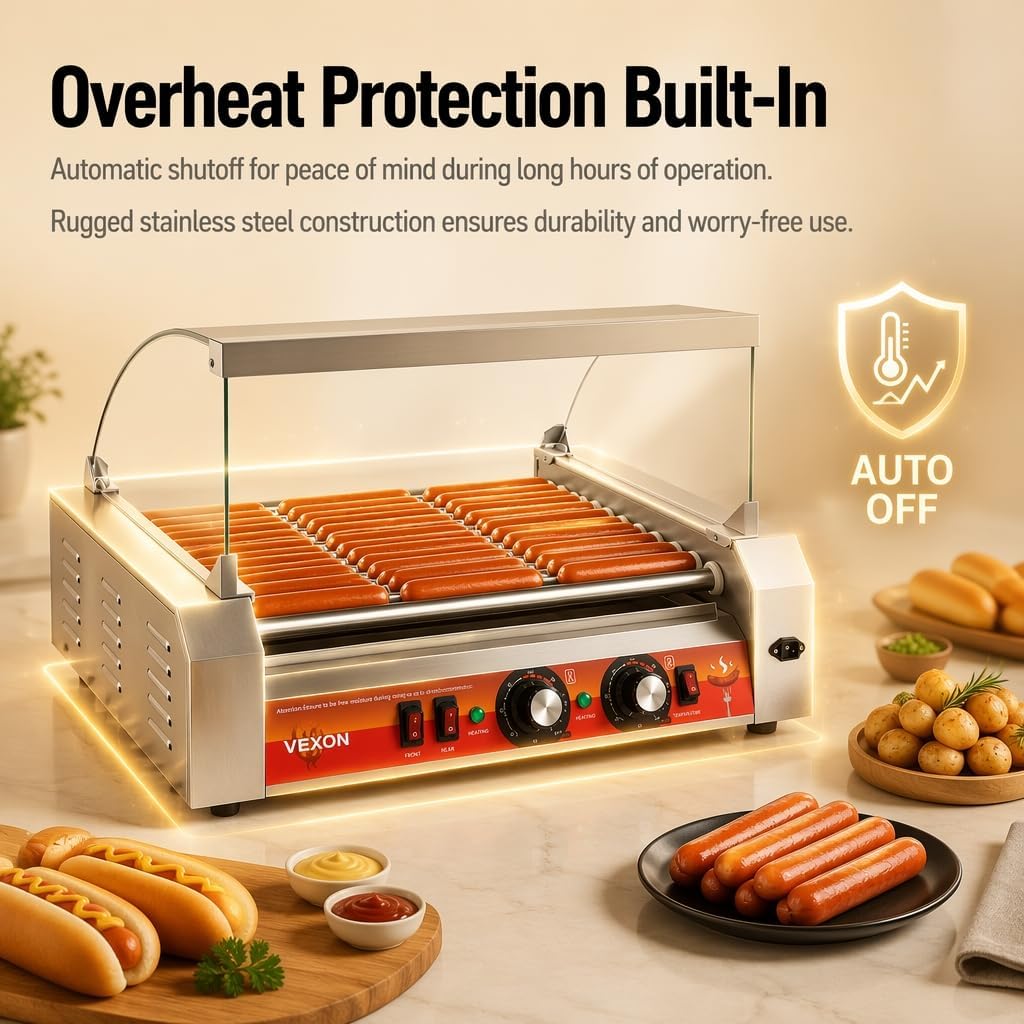 Vexon Commercial Hot Dog Roller Machine with 11 Rollers, 30 Hot Dog Capacity, 1670W Non-Stick Stainless Steel Hot Dog Cooker for Food Carts & Home Parties