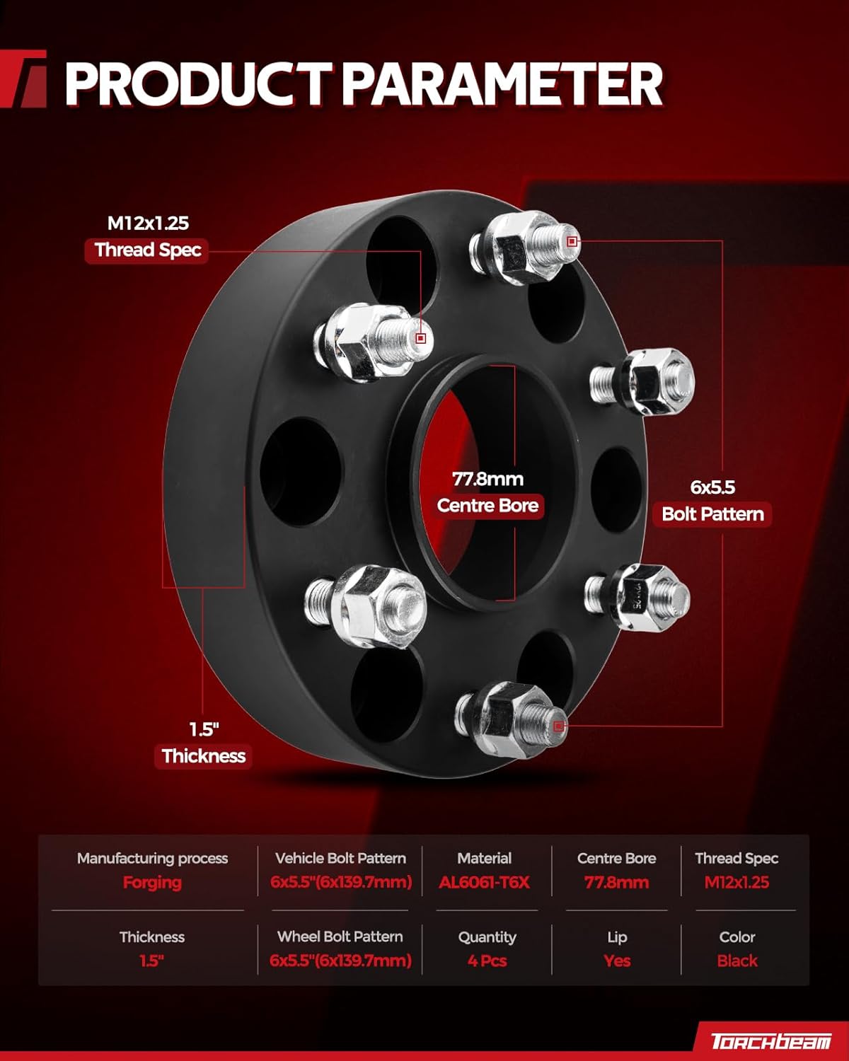 Torchbeam 6x5.5 Hub Centric Wheel Spacers 1.5 inch with M12x1.25 Thread Pitch, 77.8mm Hub Bore, 4pcs Adapters for Titan, Pathfinder Armada, Armada, Pathfinder, QX56