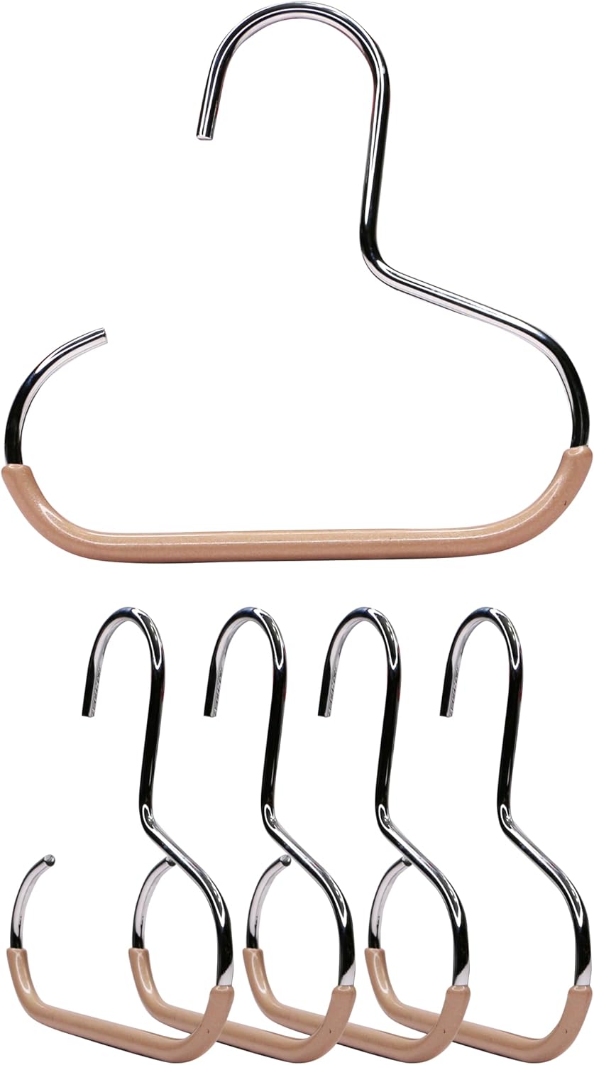 MAWA by Reston Lloyd Scarf, Shawl, Belt, and Accessory Organizer, Non-Toxic Metal Hanger with Grip Coating, Easy Access Open Hook, Model G-1, Space-Saving Design, Set of 5, Latte