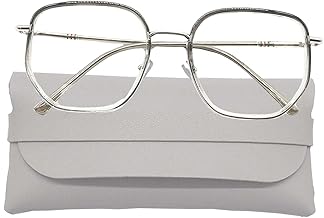 TREABEAR Anti-Light Blue Silver Grey Glasses Unisex False Glasses Wide Frame Ultra-Light Blue Screen Glasses Without Correction with Grey Storage Case