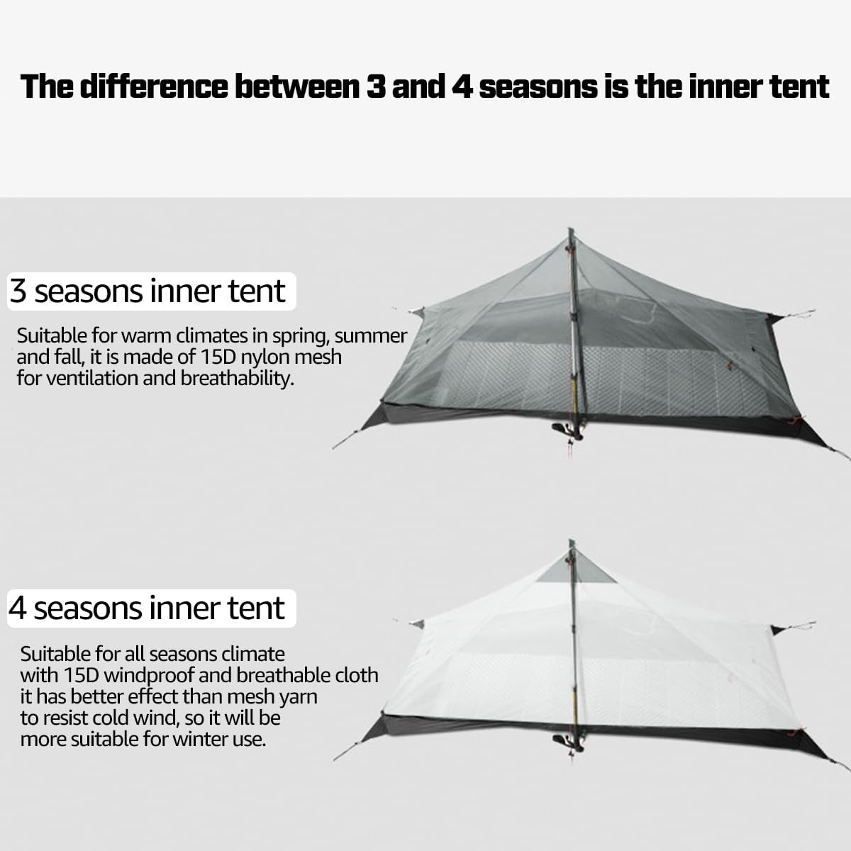 3F Lanshan1 - Tienda de campaña ultraligera portátil de 3/4 estaciones para 1 persona, con revestimiento de silicona 15D, impermeable, sin polos, doble capa para camping, escalada, senderismo