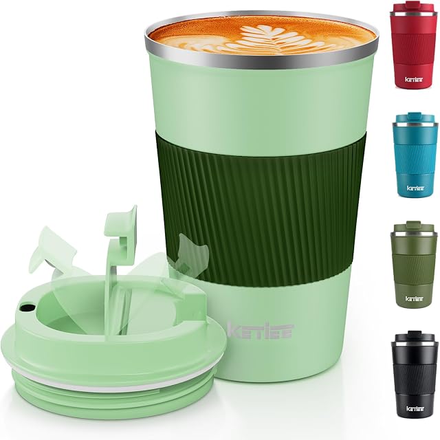KETIEE Kubek Termiczny,380ml Kubek Podróżny ze Stali Nierdzewnej,Kubek do Kawy Wielokrotnego Użytku,Filiżanka kawy z Podwójnymi Ściankami,Podróżny Kubek Samochodowy Kubek Podróżny do Kawy,Zielony