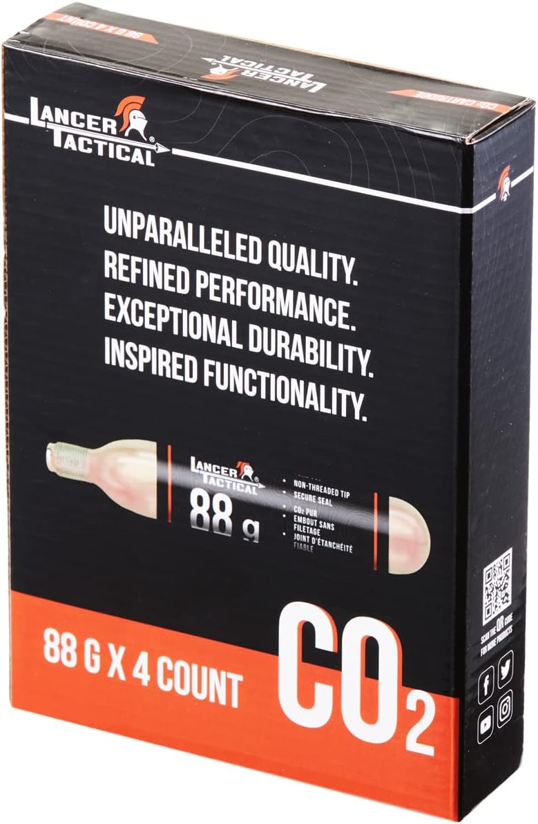 Lancer Tactical High Pressure 88 Gram CO2 Cartridges for Paintball use (Compatible with Some airguns) (Pack of 4)