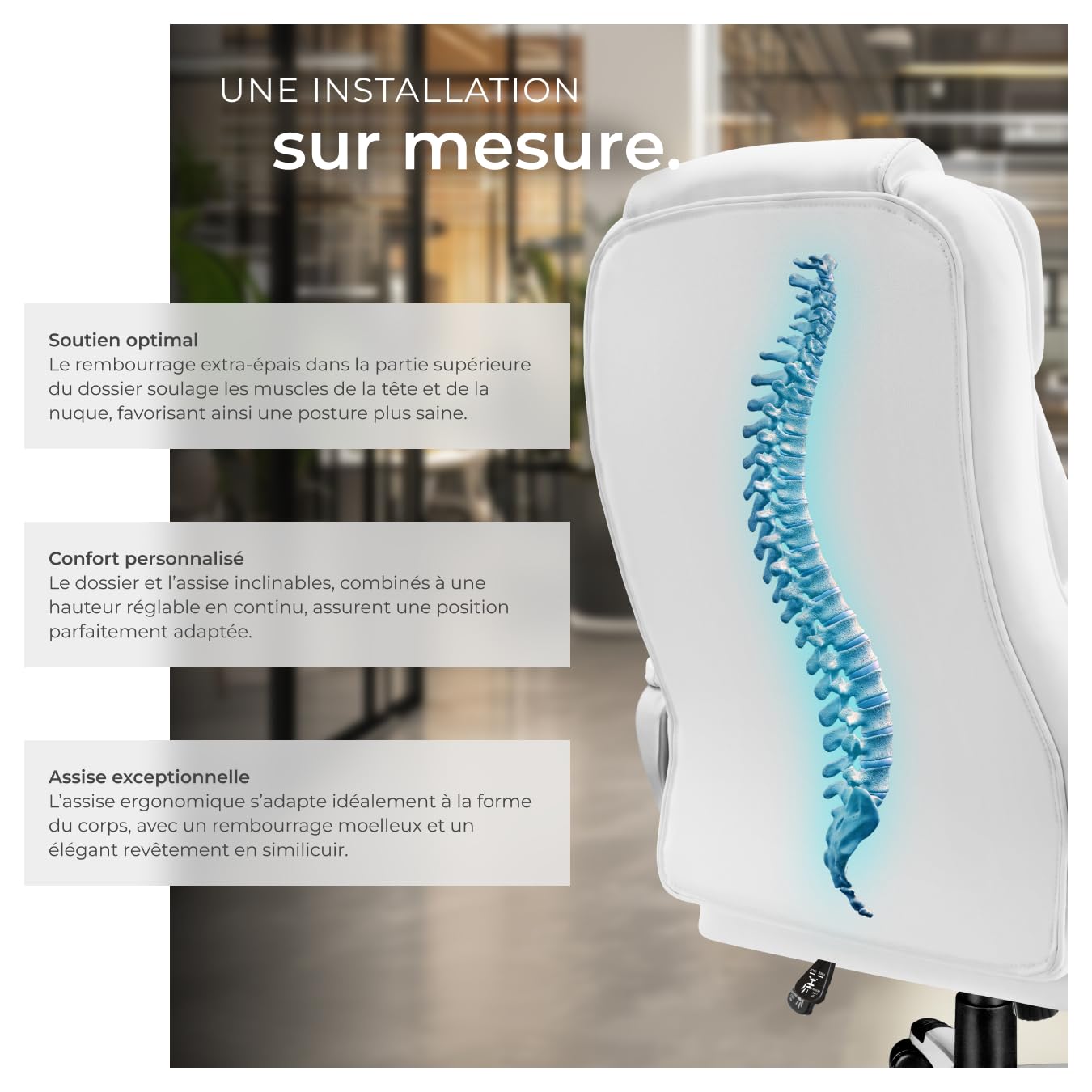 tectake® Chaise de Bureau Chaise Gaming Fauteuil de Bureau Fauteuil pivotant Design, Siege Ergonomique avec Accoudoirs, Appui-tête rembourré, Roulette Teletravail - Blanc
