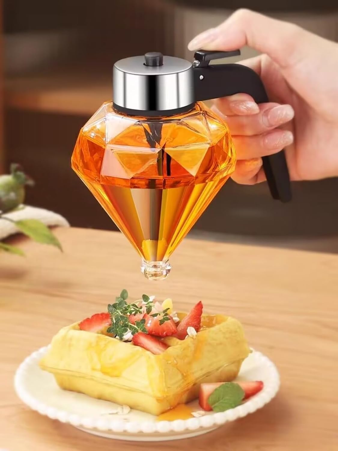 No Drip Glass Olive Oil bottle Dispenser ，Diamond Glass Honey Dispenser ，Can Be Used for Olive Oil,Honey,Soy Sauce And Cooking Wine And Other Liquids（200ml/6.76oz）