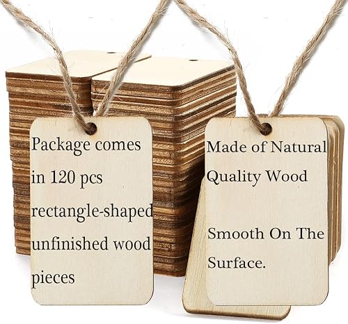 Miniatura 4 de 115 piezas de madera sin terminar con forma rectangular, 2 x 1.3 pulgadas, recorte de madera clara natural rústico con cuerda de cáñamo, para