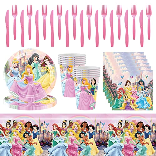 Princesse Anniversaire Vaisselle Hilloly 61 Pièces Princesse Thème Vaisselle de Fête Princesse Fournitures de Fête Assiettes Gobelets en Papier Serviettes Nappe Décoration de Table pour Enfant Cover