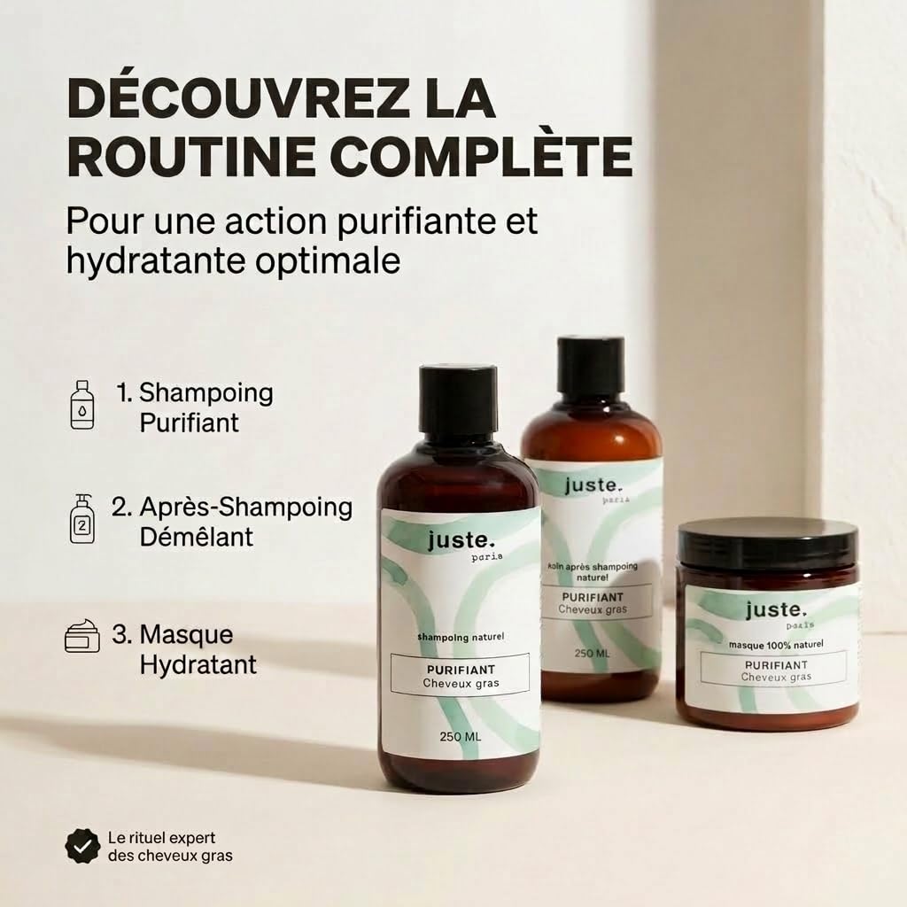 Juste Paris Routine Complète Cheveux Gras – Shampoing Purifiant + Après Shampoing Purifiant + Masque BIO – Régule le sébum, hydrate sans graisser et espace les lavages – Fabriqué en France