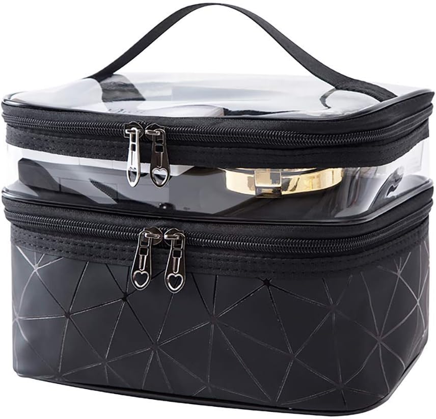 Makeup Case | Large Makeup Organizer Bag | Makeup Bag with Compartments for Women | Double Layers Travel Makeup Storage Bag | Large Space Cosmetics Organizer Bag (Black)