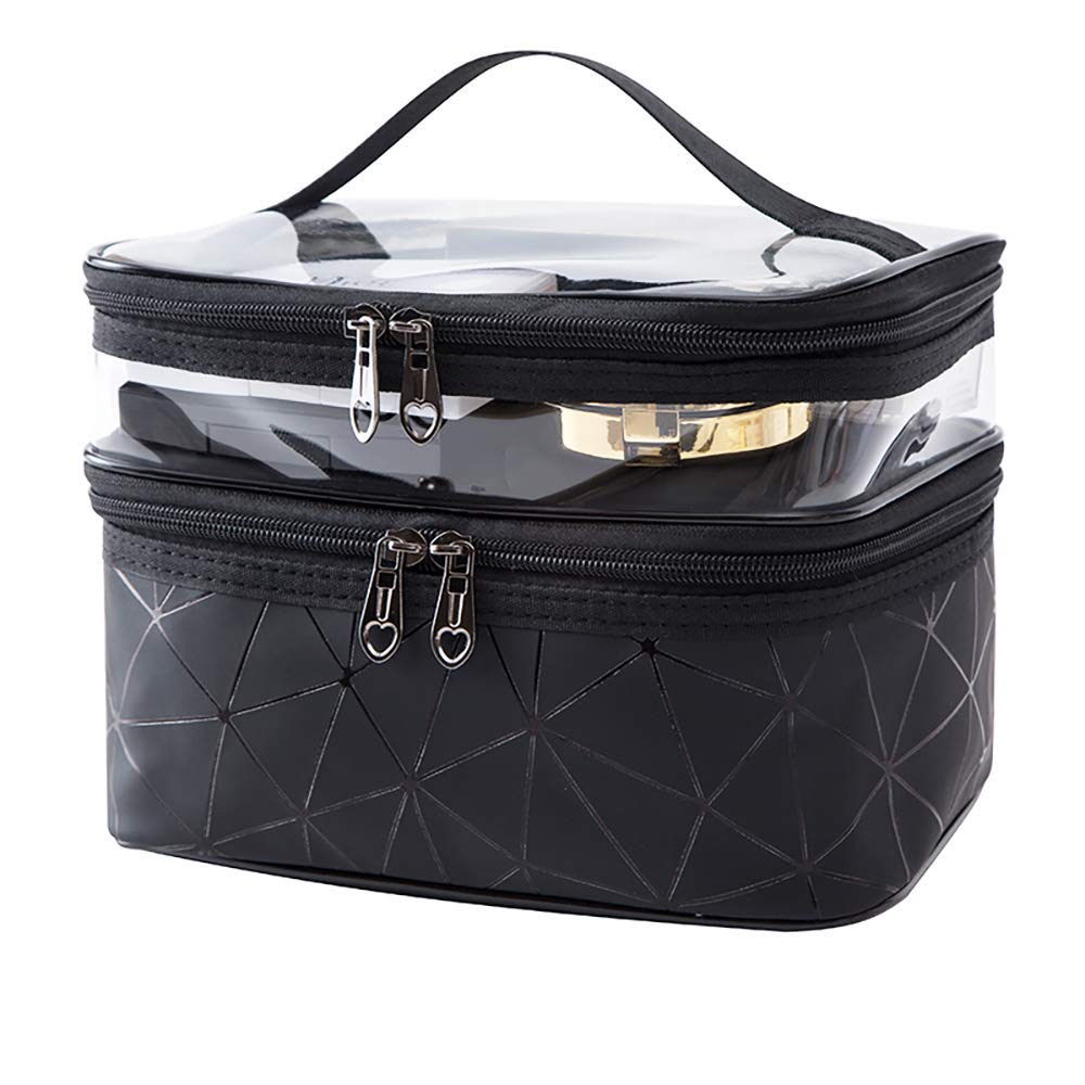 Makeup Case | Large Makeup Organizer Bag | Makeup Bag with Compartments for Women | Double Layers Travel Makeup Storage Bag | Large Space Cosmetics Organizer Bag (Black)