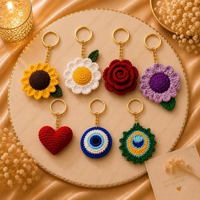 Handmade Crochet Keychain Set for Women Girls – Sunflower, Daisy, Rose, Heart & Evil Eye Knitted Key Rings, Cute Bag Charm, Backpack Accessory, Gift Set-image-9