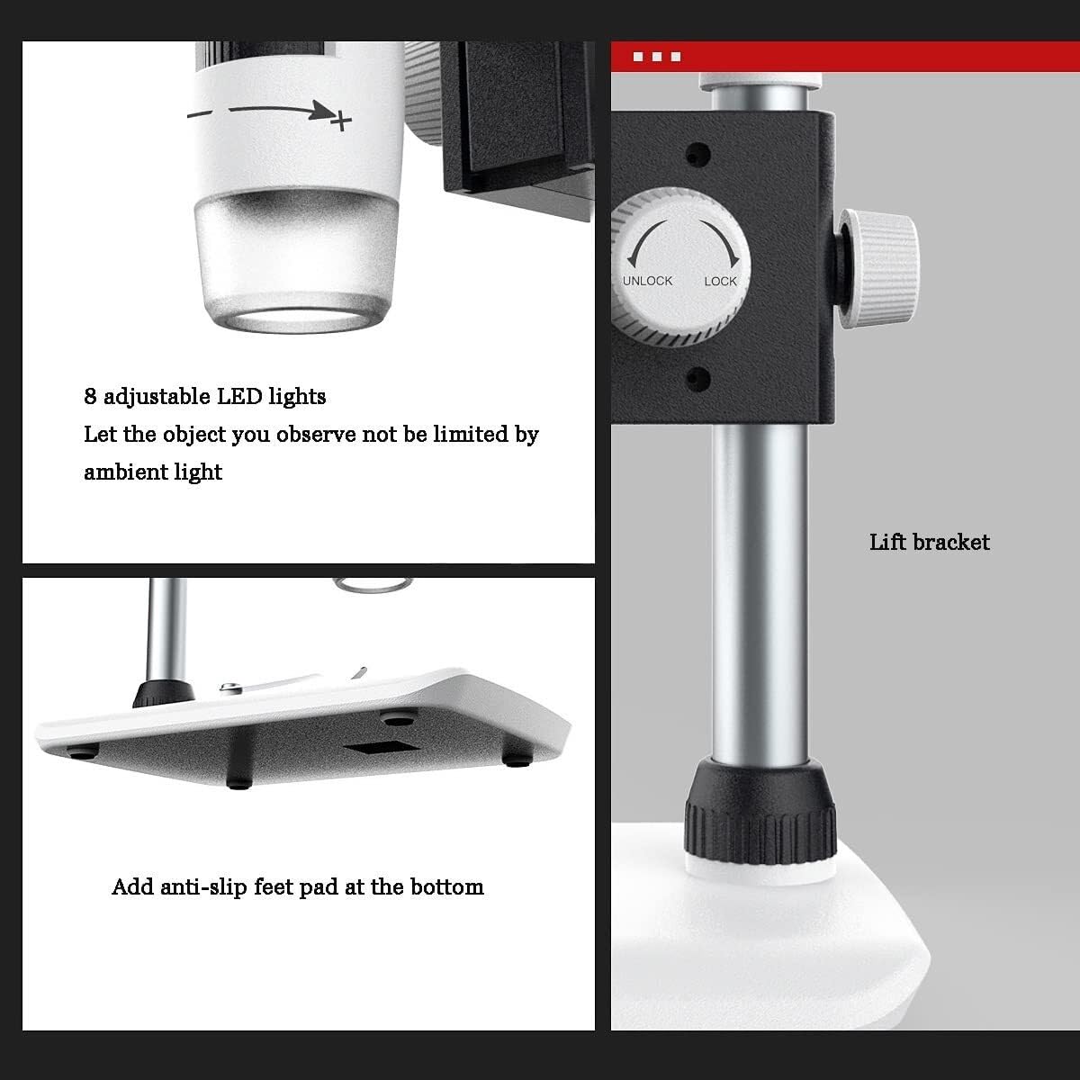 4,3-calowy cyfrowy mikroskop USB 1080P, powiększenie 50X-1000X, mikroskop monetowy i jubilerski z 8 regulowanymi światłami LED