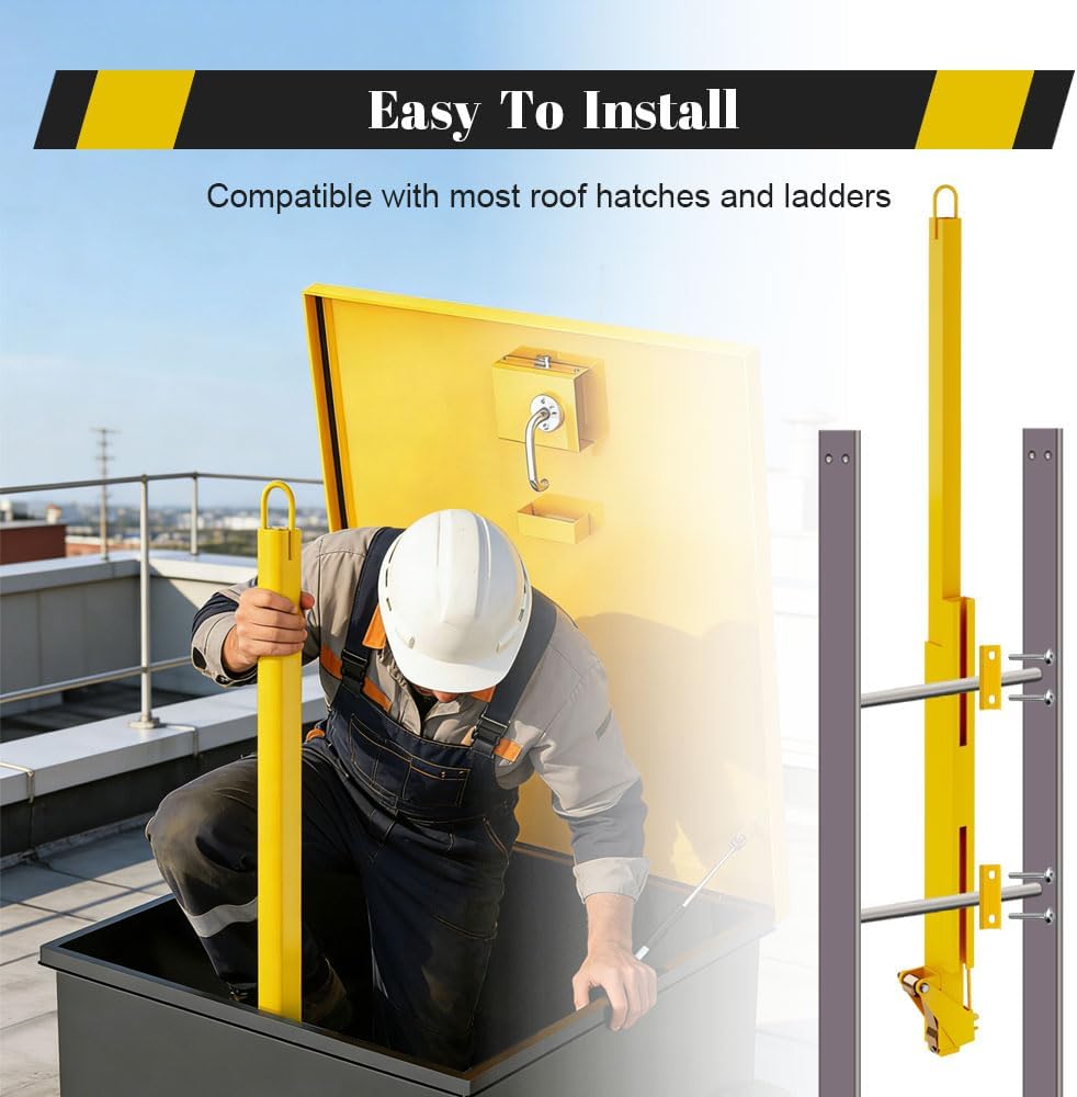 Yeeoy Steel Ladder Safety Post with Pull-Loop Handle, Lengthen Hatch Ladder Hand Assist, Yellow Powder Coated Safety Rails for Roof Top Hatch Ladder