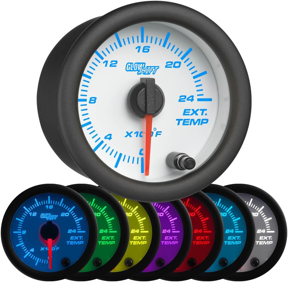 GlowShift White 7 Color 2400F Pyrometer Exhaust Gas Temp Gauge Kit - Includes 1/8-27 NPT Type K EGT Probe & Wiring - Multi-Color Display - White Dial - Clear Lens - for Car & Truck - 2-1/16" 52mm