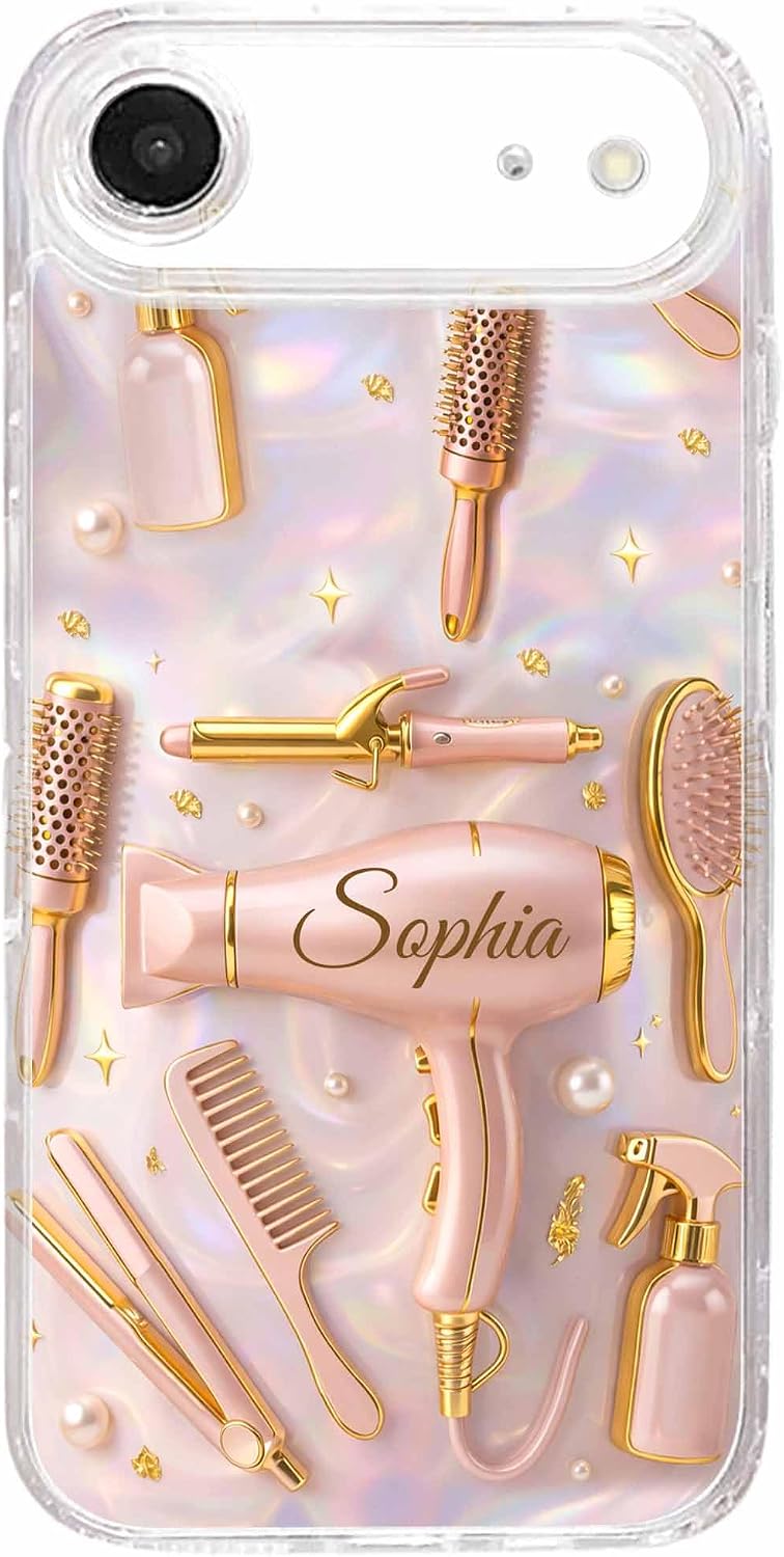 Personalized Hair Stylist Phone Case 15 16 17 Promax for Women, Pink Salon Tools Design with Custom Name, Cute Hairapist Gift, Beauty Salon Accessory for Hairdressers and Barbers