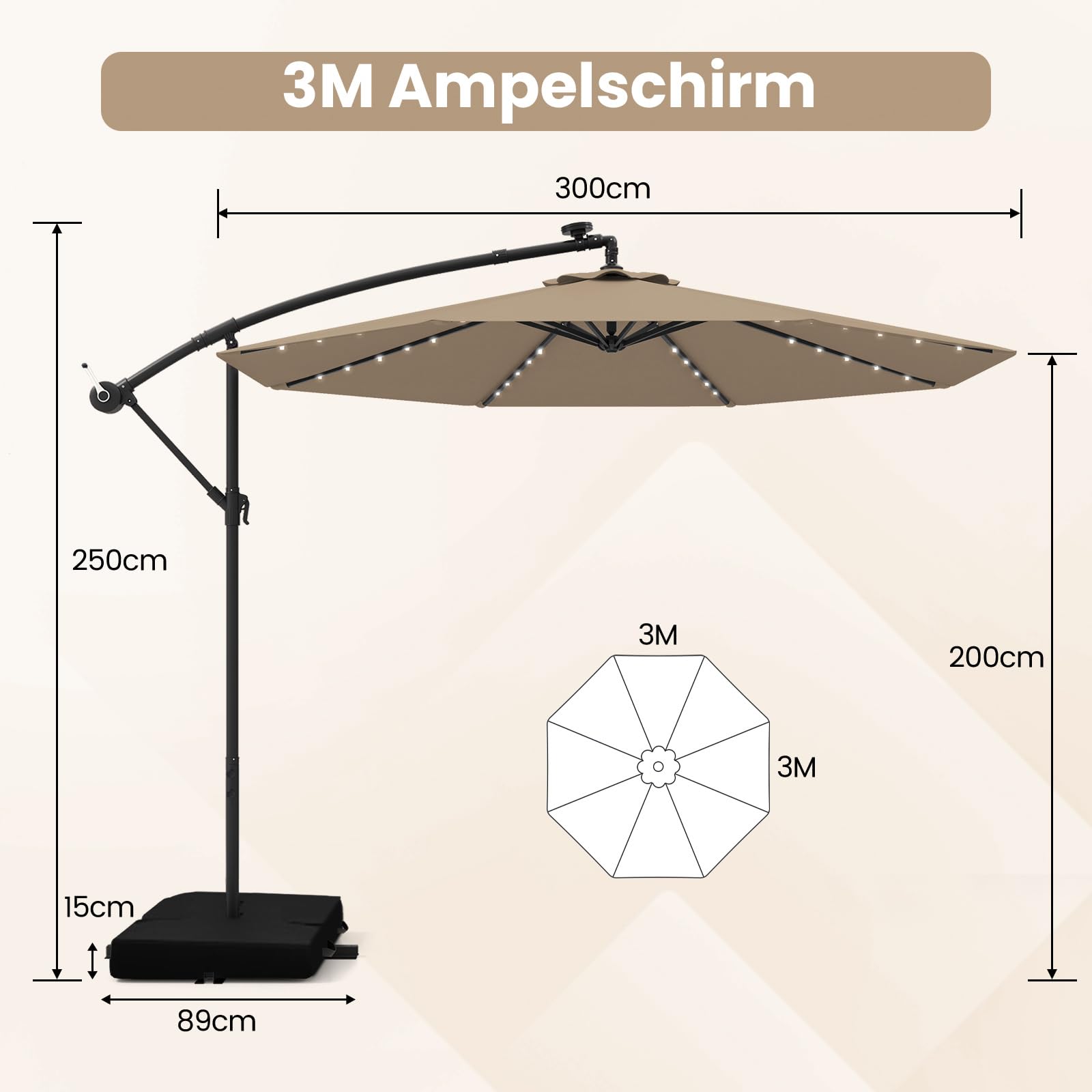 COSTWAY Parasol przeciwsłoneczny 300 cm ze stojakiem i diodami LED, z korbą, parasol ogrodowy, ochrona przed promieniowaniem UV, parasol na taras, do ogrodu, na basen, taras