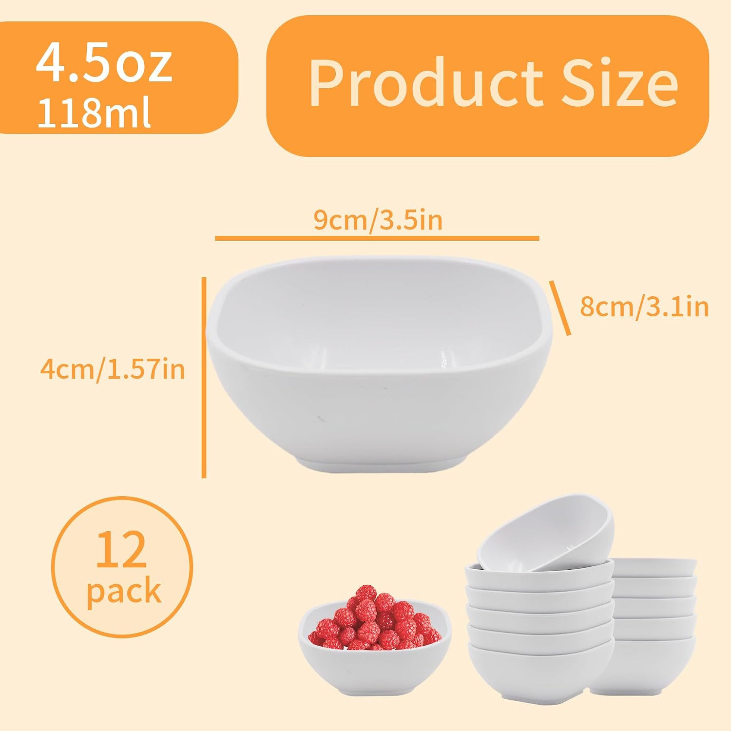 12 Pcs Square Soy Sauce Dish Sauce Bowls, 4.8 Oz Dipping Bowls, Small Bowls for Dips, Plastic Cereal Bowls, Unbreakable Pinch Bowl Dessert Bowl, Ingredient Bowls for Prep, Snack, Fruit (White)
