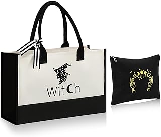 2 Pcs Halloween Canvas Tote Bag for Women Moon Witch Zipper Pouch Bag Goth Makeup Bag Witch Witchy Stuff Embroidery Shopping Handbag Gift for Coven Beginners Tarot Card