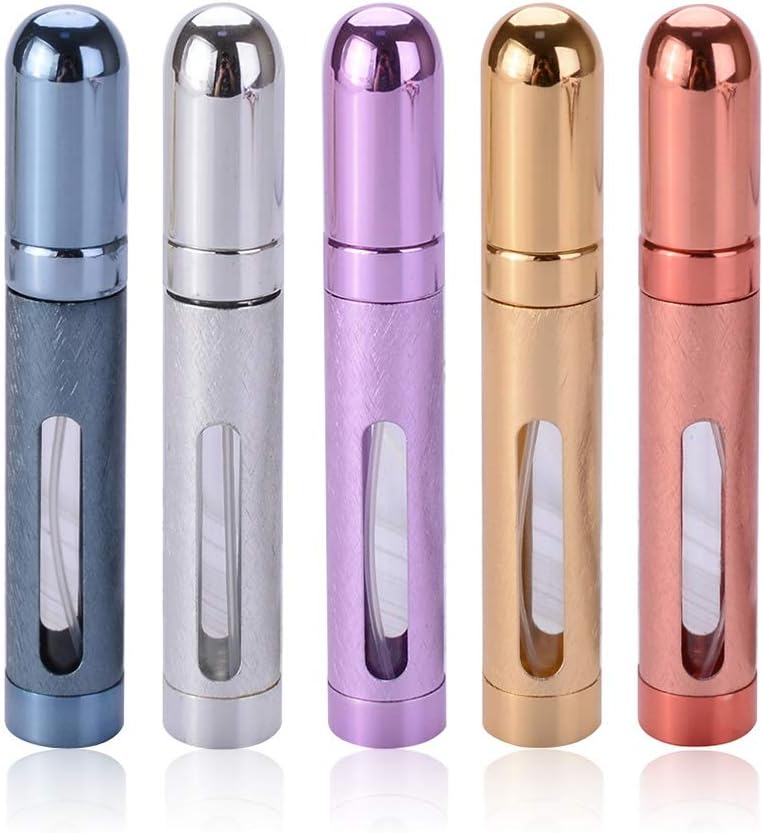 12ml Perfume Bottles (5pcs,Travel Refillable Perfume Atomizer Spray Bottle, Fragrance Empty Bottle with Window, Fits in Your Purse, Pocket or Luggage (Silver，Blue，Red, Gold, Purple)