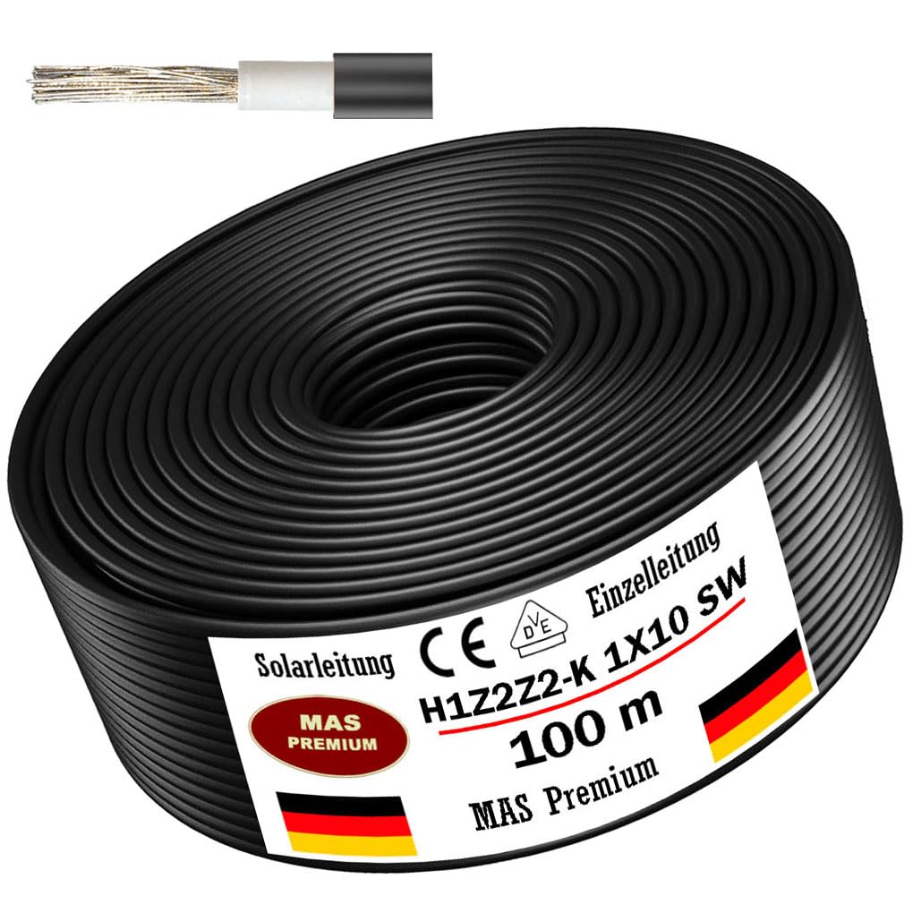 Cable solar H1Z2Z2-K 4, 6 o 10 mm², cable solar de 5 a 200 m, negro, rojo o azul, cable fotovoltaico, sin halógenos, doble aislamiento (H1Z2Z2-K 10, negro, 100 m)