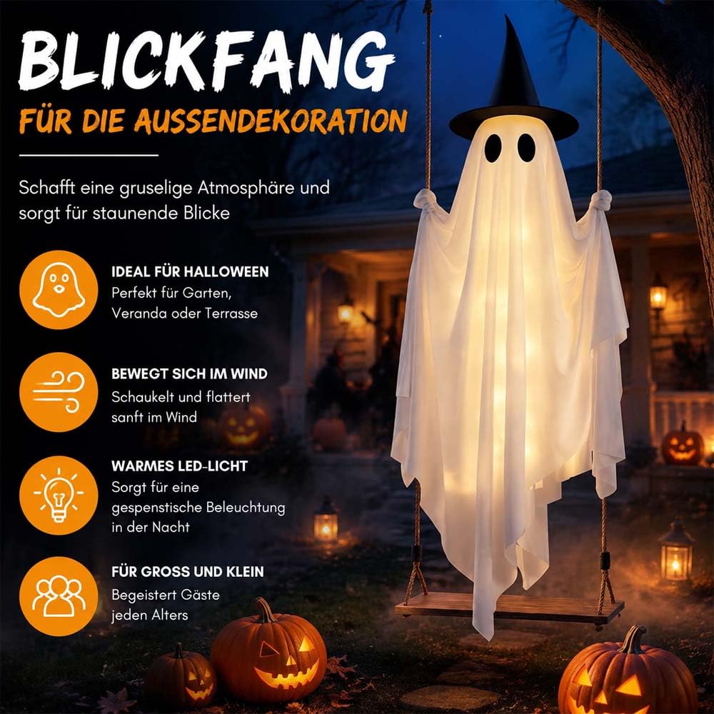 Swinging Ghost,Schaukelnder Geist,HäNgende Geister Auf Der Schaukel Mit Fernbedienung,Led-Geist FüR Halloween-Dekoration Innen Und AußEnbereich, Garten, Party (Mit Licht,Ohne Hut)