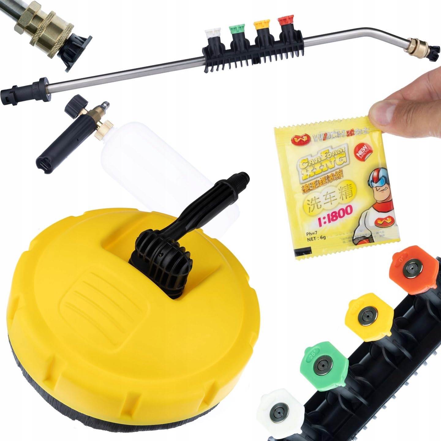 Rosfix Kit de accesorios para limpiadores de alta presión – T-Racer – Limpiador de superficies, lanza de 1/4 pulgadas con 5 boquillas, 1000 ml, pulverizador de espuma, limpiador | Repuesto para