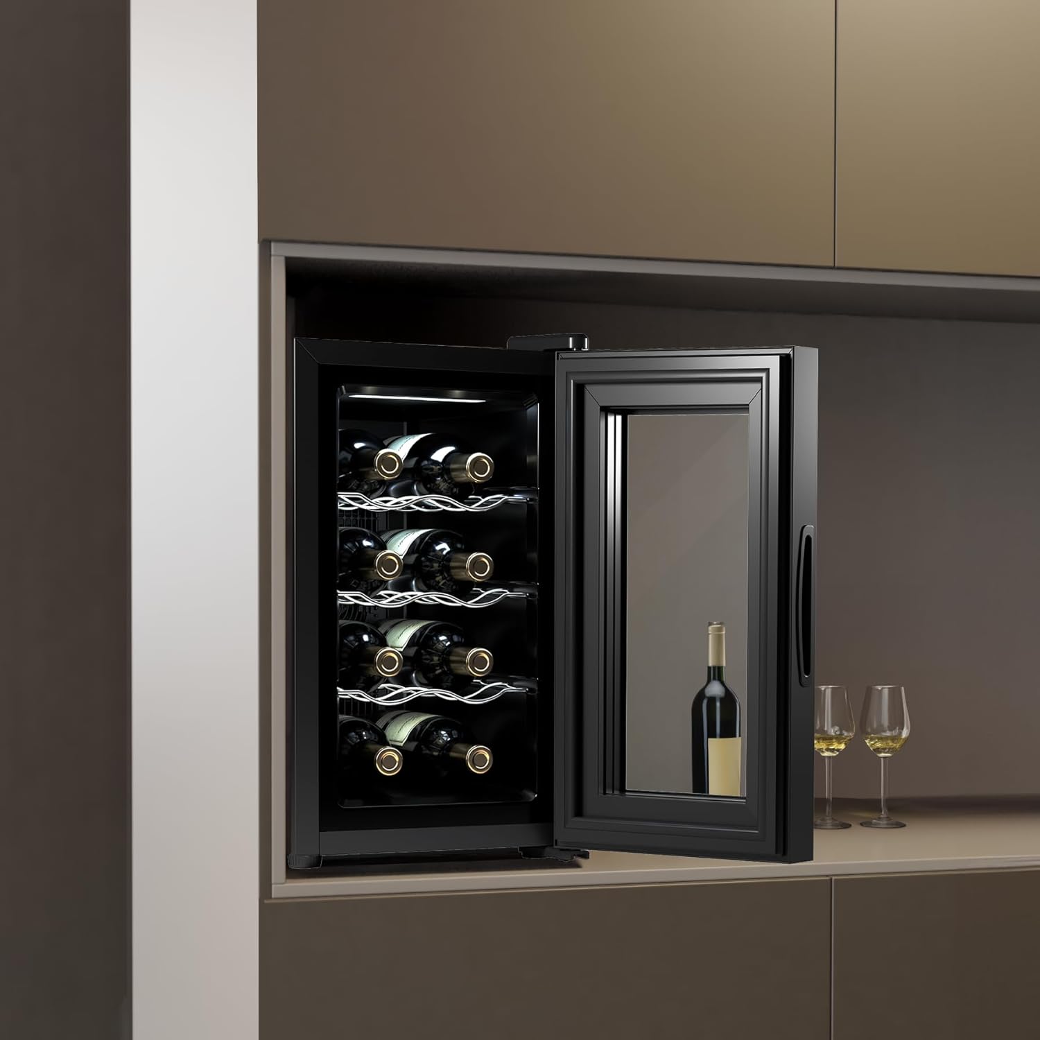 Cecotec Bolero GrandSommelier 830 CoolCrystal wine cooler, door open showing interior shelves.