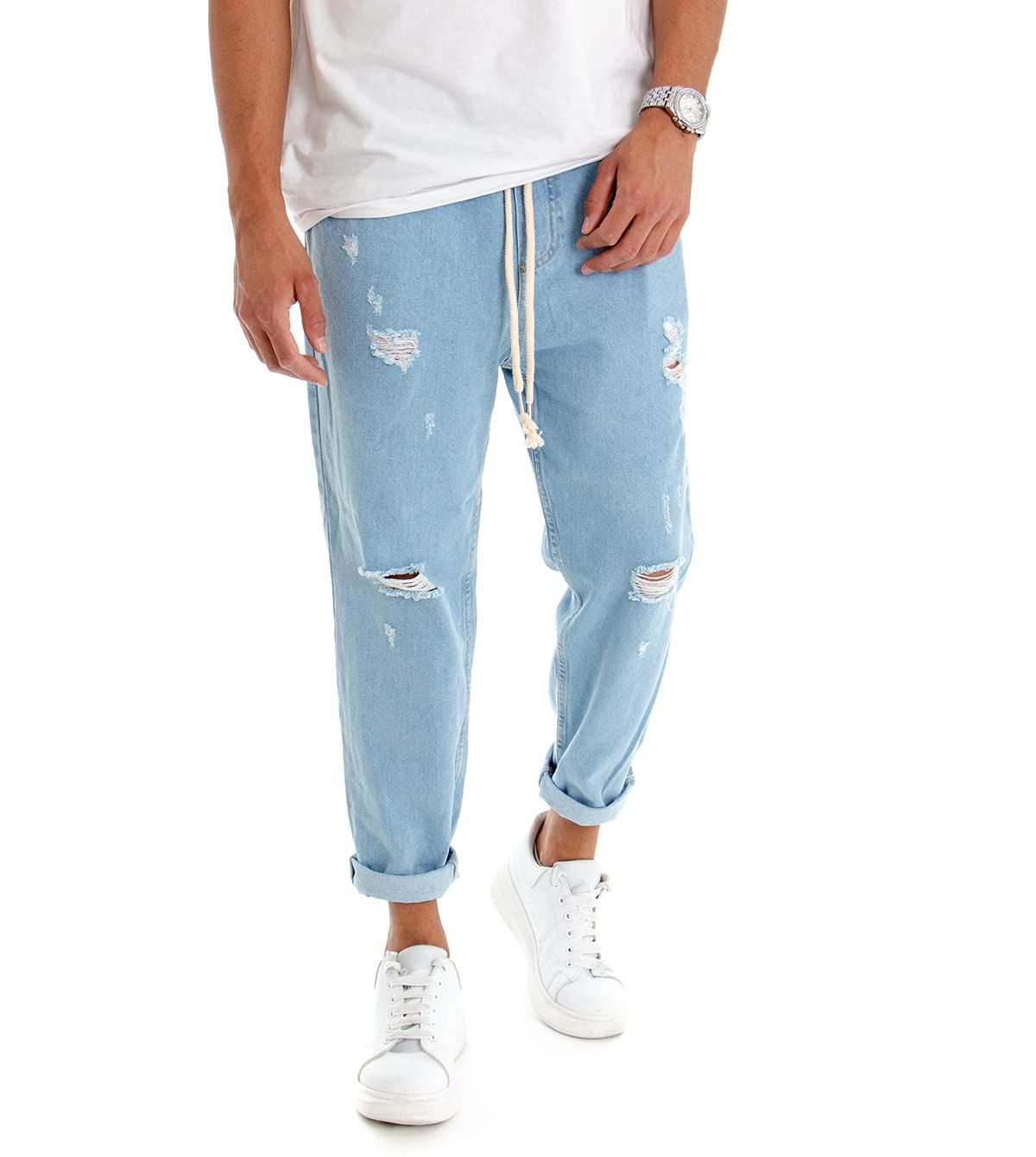 Pantalone Uomo Jeans Tinta Unita Rotture Elastico Coulisse