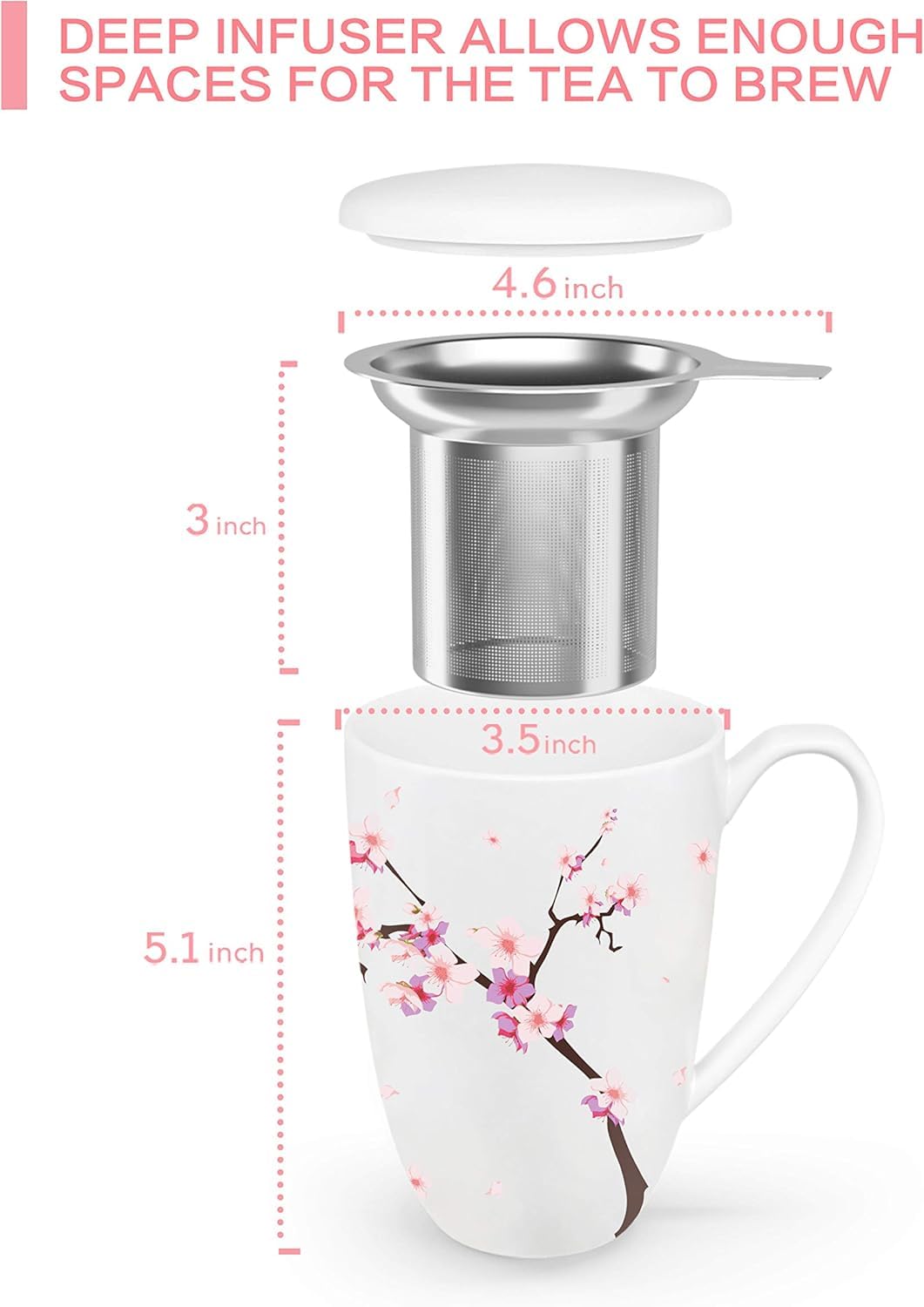 Infusor de té con flores de melocotón, taza de té con infusor y tapa para empinar hojas sueltas de té 16 onzas