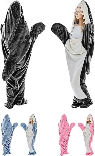 Manta de tiburón con capucha de franela súper suave y acogedora, mameluco de tiburón, saco de dormir de tiburón para adultos y niños