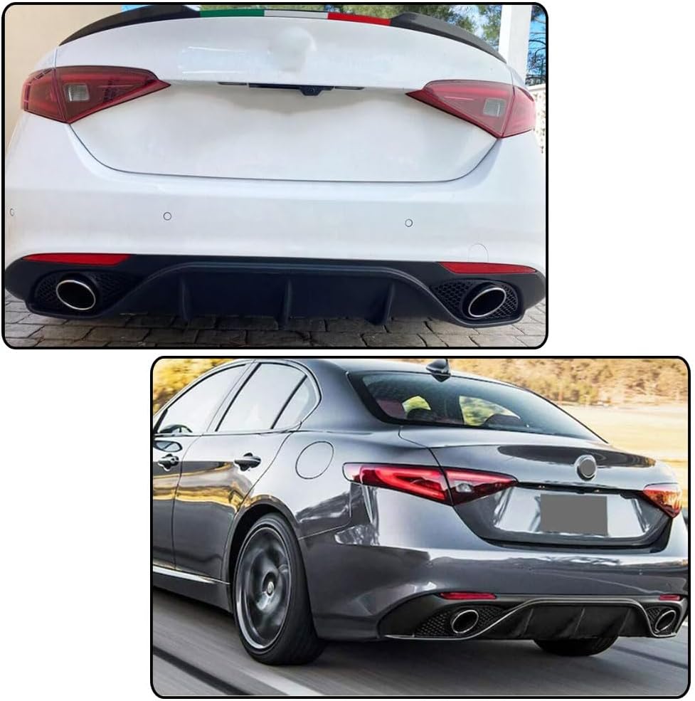 Rear Diffuser Compatible with Alfa Romeo Giulia Base Sedan 2016-2022 Black PP Rear Bumper Diffuser with Exhaust Pipe Tips (with Red Reflector)