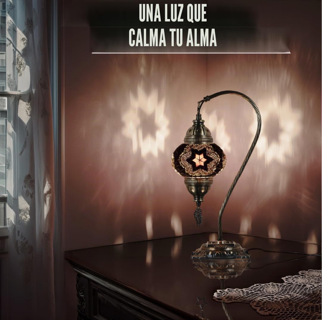 Lámpara turca auténtica DEMMEX, fabricada en Turquía, lámpara de mesa de noche con mosaico turco marroquí, 100% hecha a mano, cuerpo de metal de color latón antiguo y base de metal decorada.