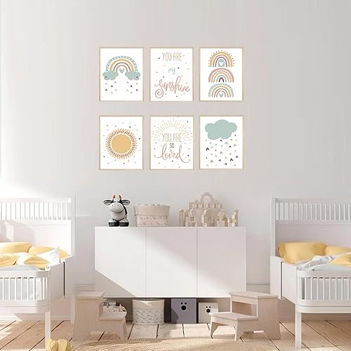 Miniatura 3 de LLOSEUP Juego de 6 impresiones artísticas de pared boho para cuarto de bebé, diseño de arco iris, corazón, lluvia, eres mi sol, inspirador,