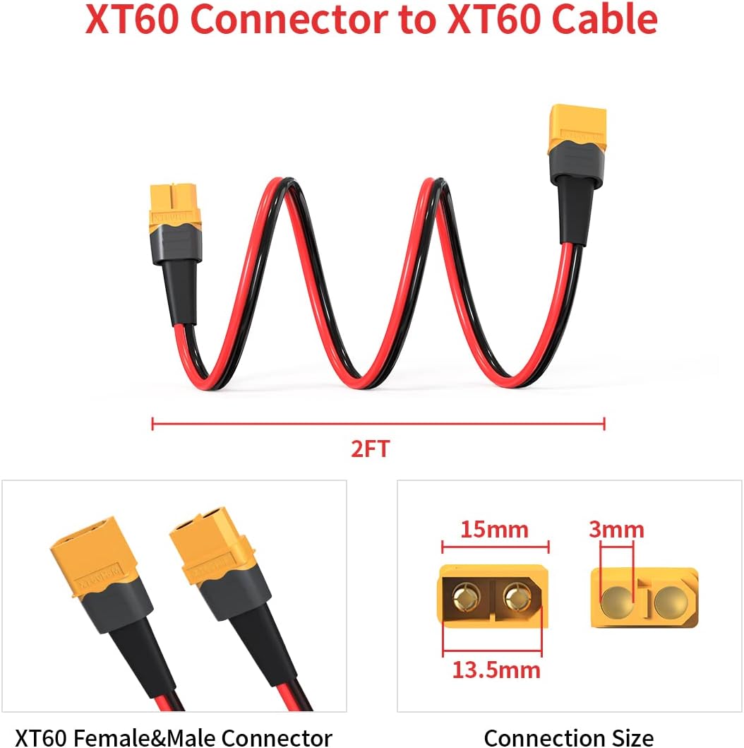 ELFCULB 10AWG 2FT XT60 Extension Cable 2 6 10 20 35 50 75 100FT XT60 Female to Male Connector for RC Battery Portable Power Station Solar Panel(2FT)