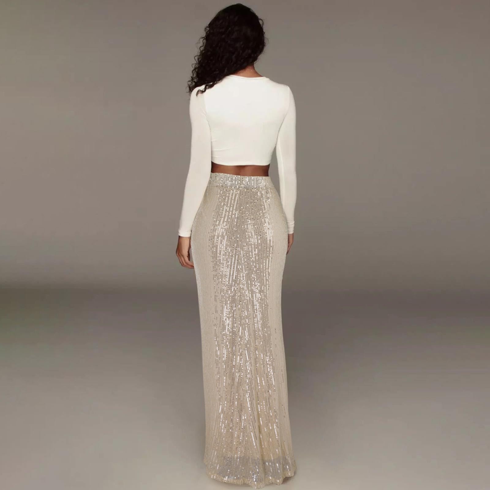 Femmes Printemps Minceur Rayures Élégant Haute Split Paillettes Couleur Unie Jupe Pantalon avec Cousu, beige, L