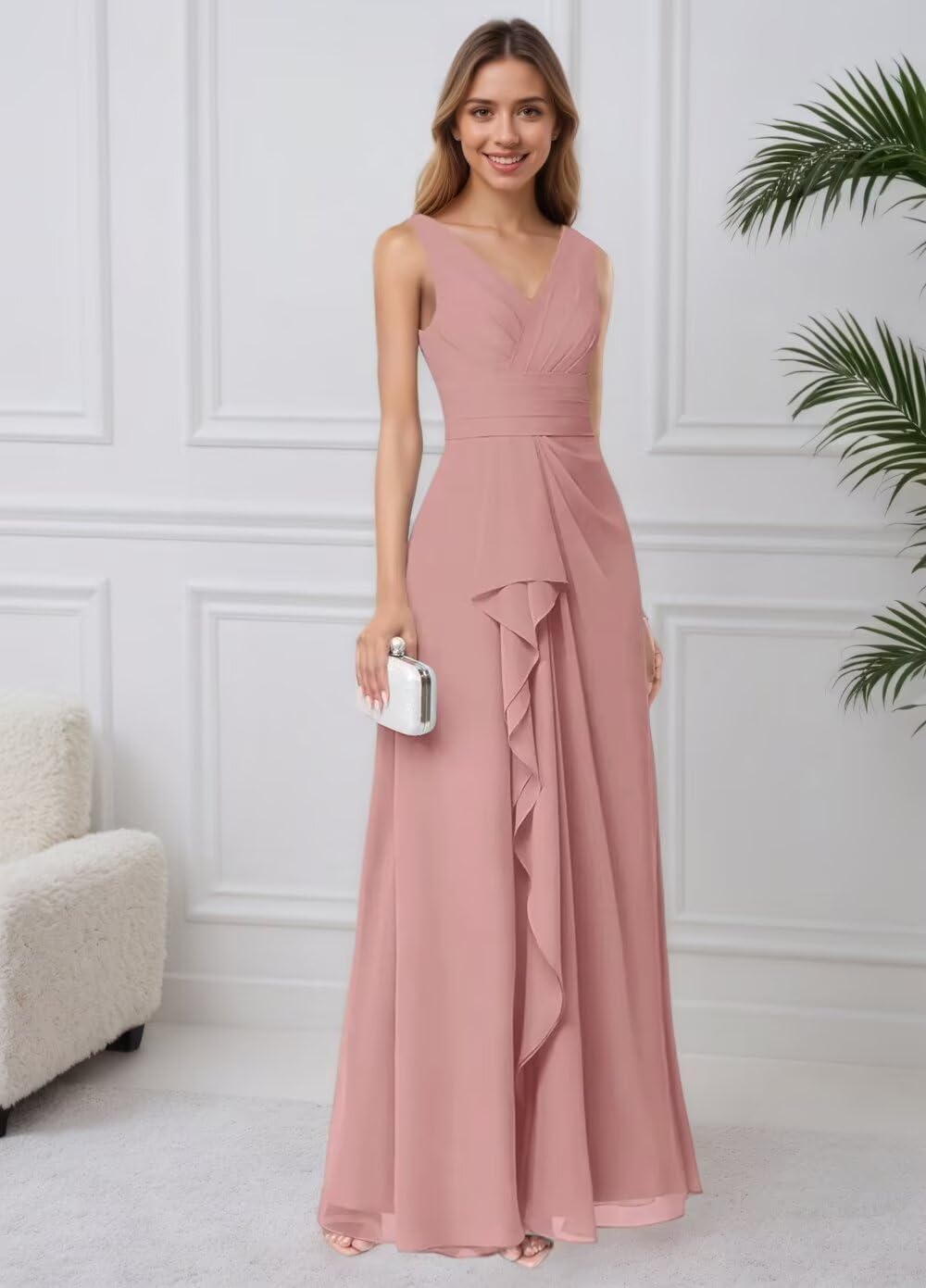 Chiffon Bridesmaid Dresses for Wedding Ruffle Long A-Line Ruched Formal Evening Party Gown - Image 6