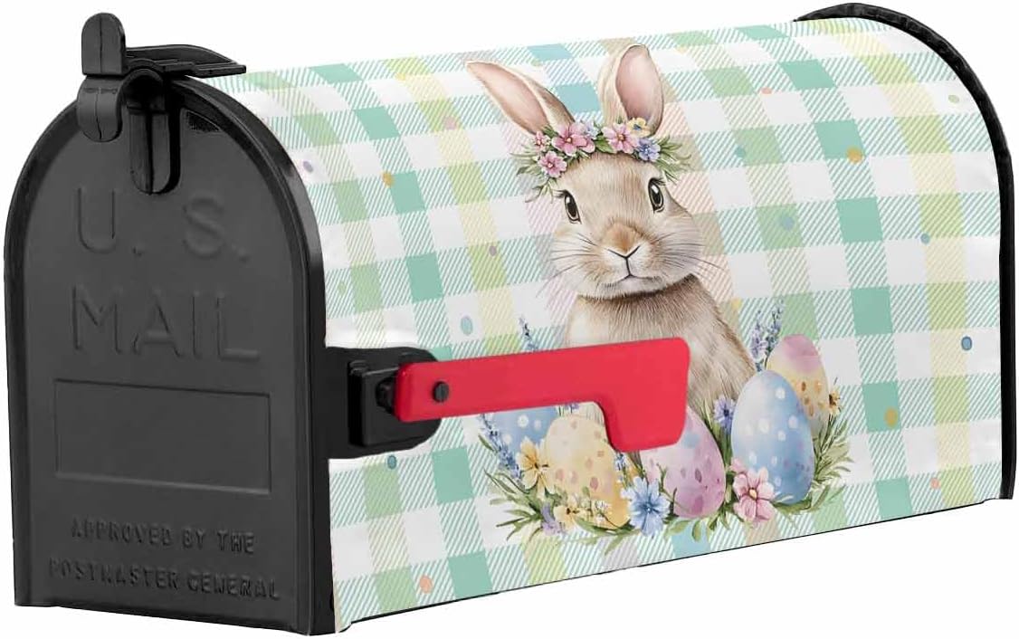 Easter Egg Rabbit Mailbox Covers Magnetic Standard Size, Colorful Grid Checkered Polka Dots Decorative Post Letter Numbers Box Wrap Decoration Covers Large Accessories for Garden Yard Outdoor Décor