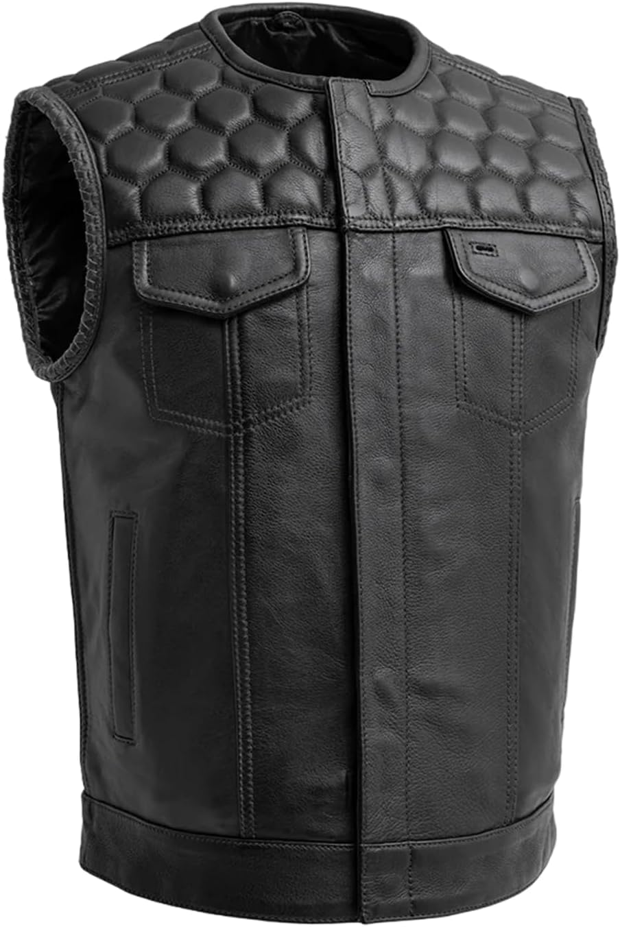 First Mfg Co Hornet Men’s Motorcycle Premium Leather Vest, Beehive Stitch, Rolled Collar, Honeycomb Quilted Top, YKK Zippers