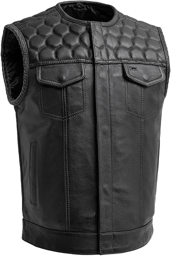 First Mfg Co Hornet Mens Motorcycle Premium Leather Vest, Beehive Stitch, Rolled Collar, Honeycomb Quilted Top, YKK Zippers