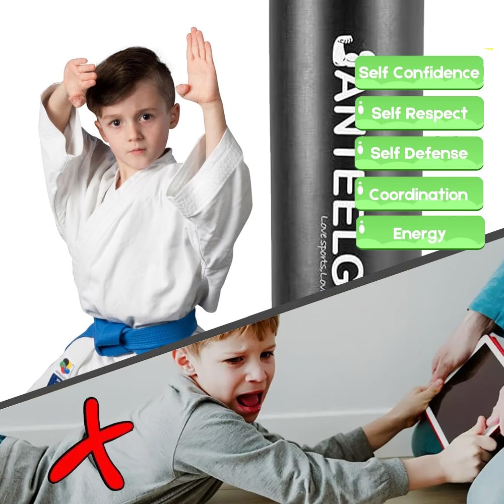Sacco da Boxe da Terra Bambini con Guantoni da Boxe: JanTeelGO 150cm Sacco da Box Allenamento Boxe - Pungiball Bambin e Ragazze Età 3-12 per Praticare Karate, Taekwond