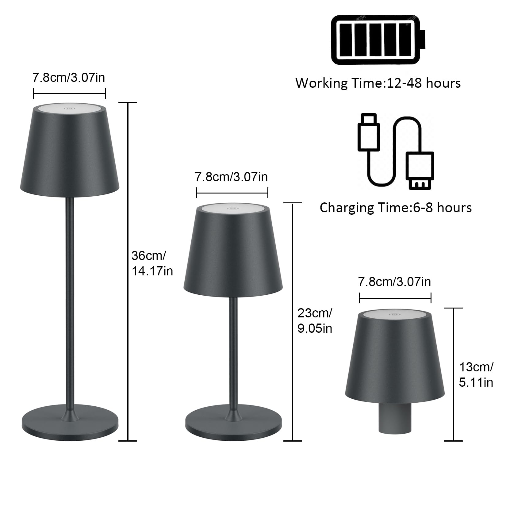 LED sans fil Lampe de table rechargeable, 3000K lampe bouteille à intensité variable, 5000mAh IP54 lampe de table réglable en hauteur pour une utilisation intérieure et extérieure, Anthracite
