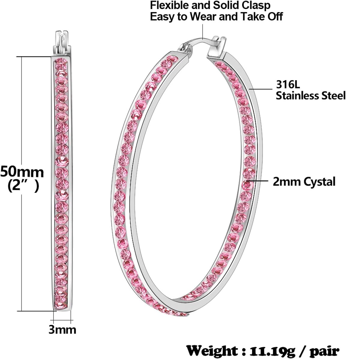 Large Rose Gold Stainless Steel Hoop Earrings for Women, Big Hypoallergenic Hoops Earring ARSKRO Huge Cubic Zirconia Rhinestone Crystal Basketball 50mm 2 inch Ear Ring Jewelry Gifts for Women Mens Sensitive Ears