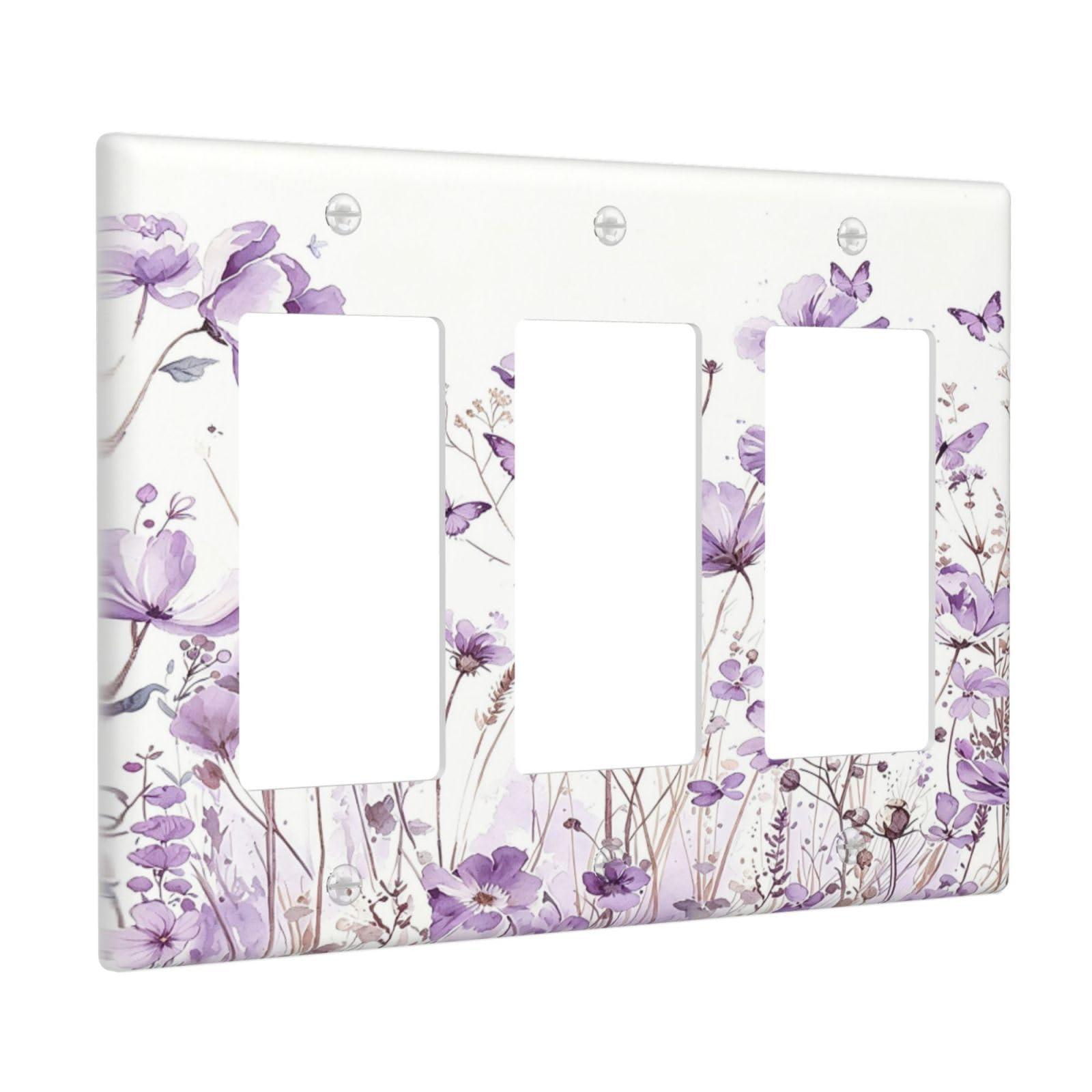 Sghxwp Outlet Covers Boho Watercolor Purple Wildflower Triple Rocker Light Switch Covers Decorative Lavender Floral Butterfly 3-Gang Wall Plate Electrical Switchplate Faceplate for Country Home Decor