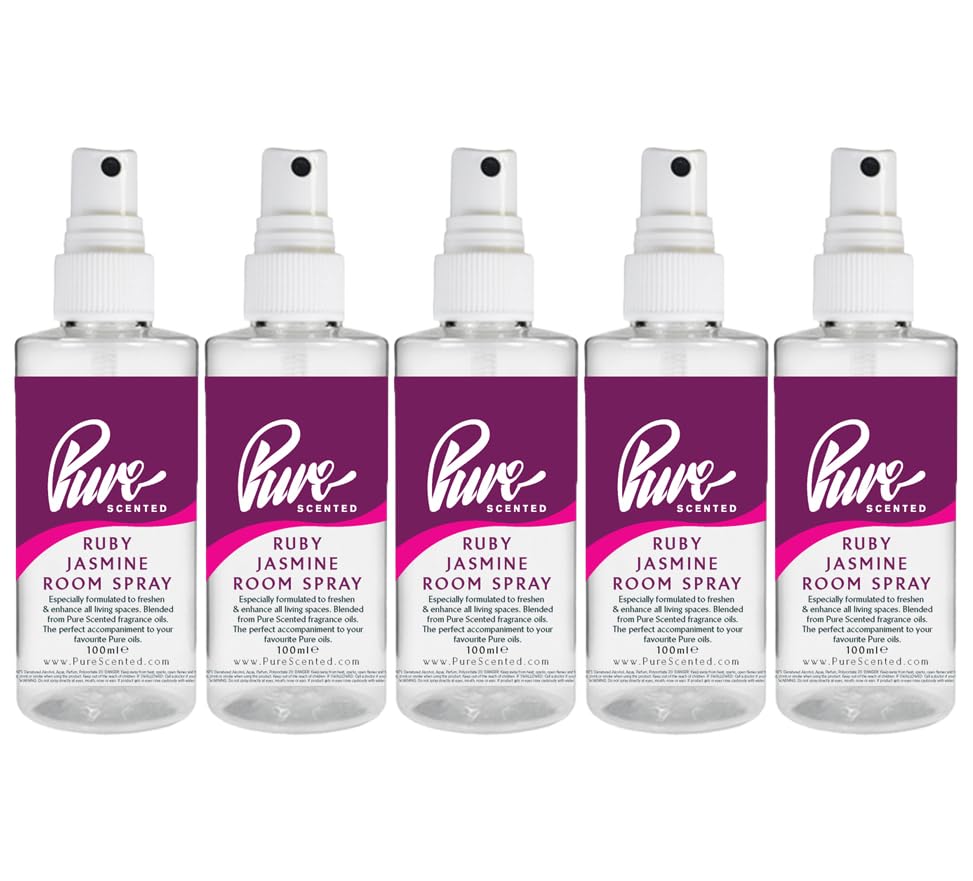 Pure Scented 500ml Room & Fabric Sprays 5 x 100ml Suitable For Home, Car, Caravan, Work, Gym Bags, Odour Eliminators (5 x 100ml, Ruby Jasmine)