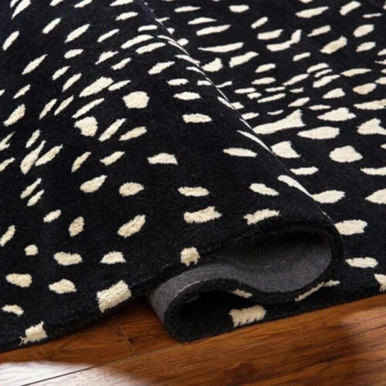 Hand Tufted Black Abstract Dotted Area Rug 10x14 ft (120x168 inches) | Oversized Carpet for Living Room & Hall | Soft Wool Rug