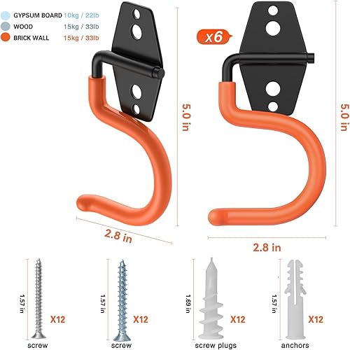 Miniatura 9 de Paquete de 6 ganchos de garaje (gancho en S), organizador de herramientas de jardín, organizadores de garaje para montaje en pared y almacenamiento