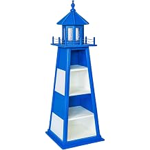 DutchCrafters 5 Foot Nautical Poly Lighthouse Bookshelf with Functional Storage and Working Light - Coastal Decor, Beach Themed Bookcase for Shoes, Towels, Sunscreen Outdoors Bright Blue & White