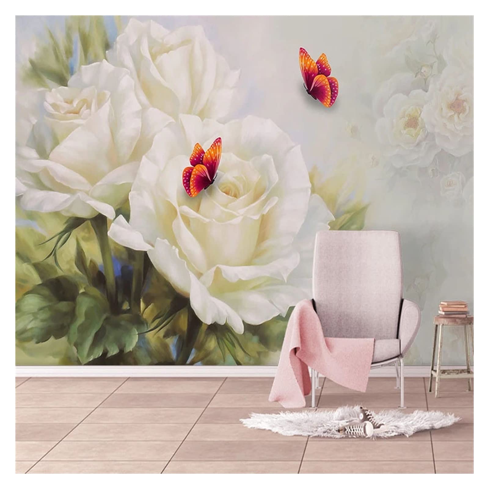 caihuashopping Pegatinas de Pared Papel Tapiz 3D Blanco Rosa Mariposa Flores murales Sala de Estar televisor Dormitorio de sofá Fondo de Pared decoración Adhesivos Pared (Color : Self-Adhesive)