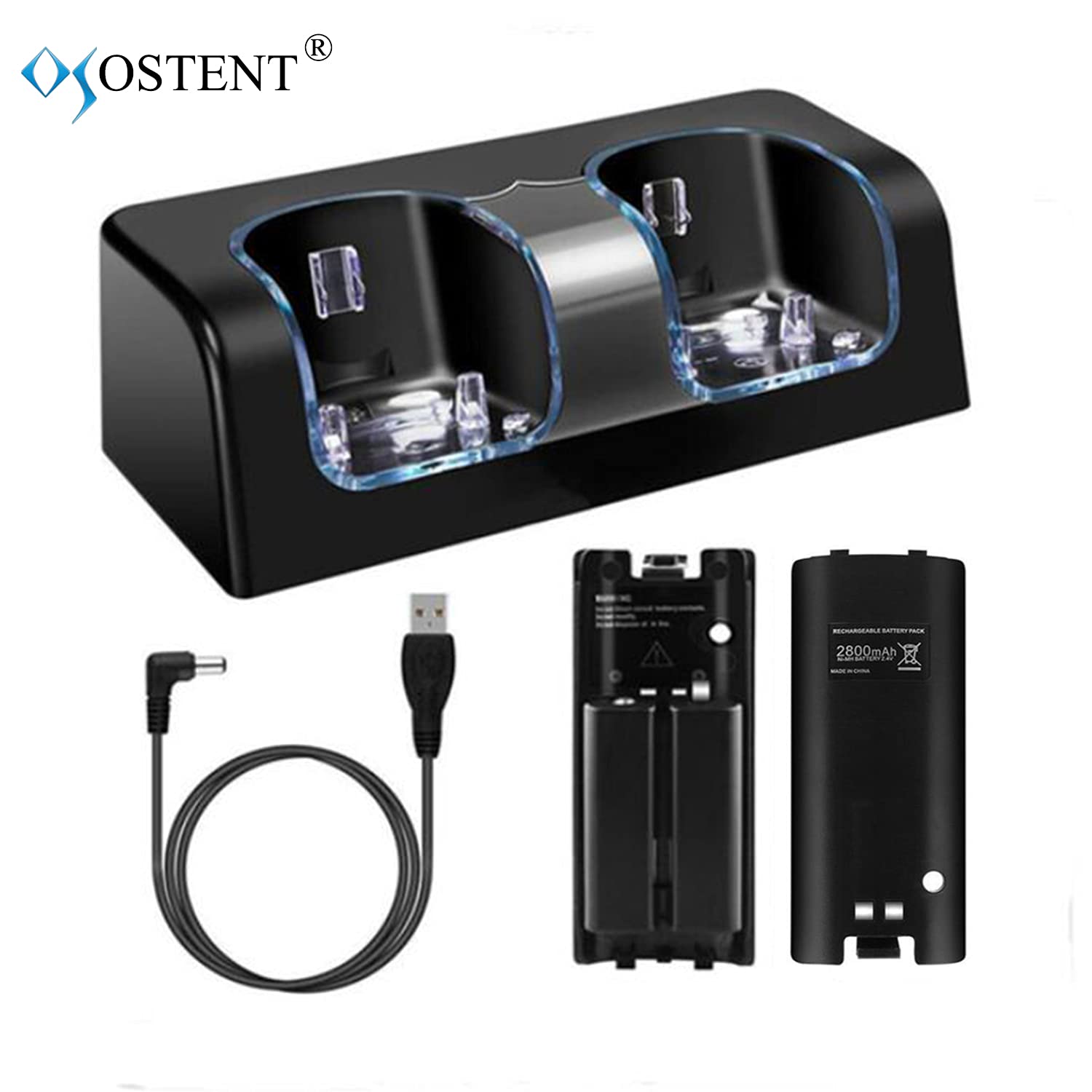 OSTENT Caricabatterie Dock Station + 2 Batterie compatibili per Nintendo Wii Remote Controller Colore Nero
