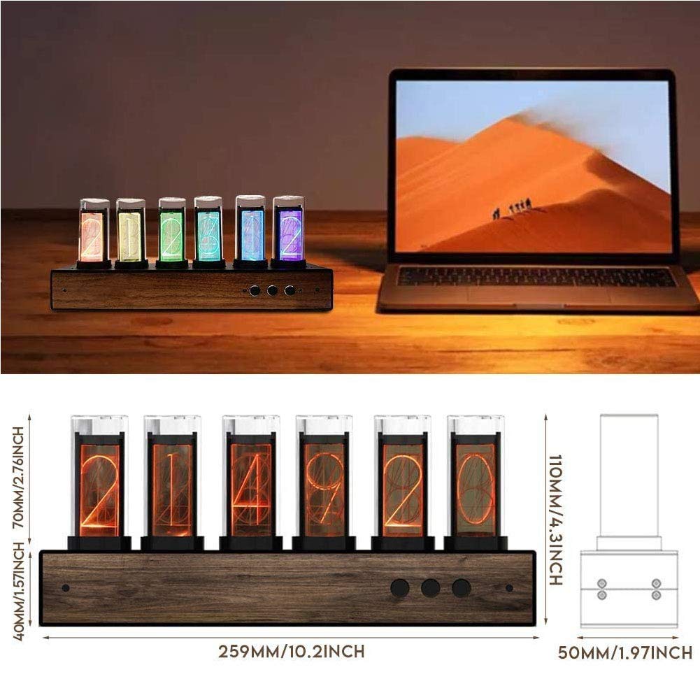 Cadeaux personnalisés, Horloge Tube Nixie, Horloge Tube numérique avec Design magnétique 10 000 Couleurs réglables, contrôle de l'horloge LED avec Panneau en Noyer Noir,